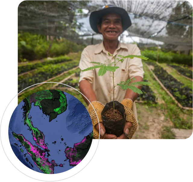 A smiling farmer holds out a tree sapling, with a circular map overlay in the foreground.