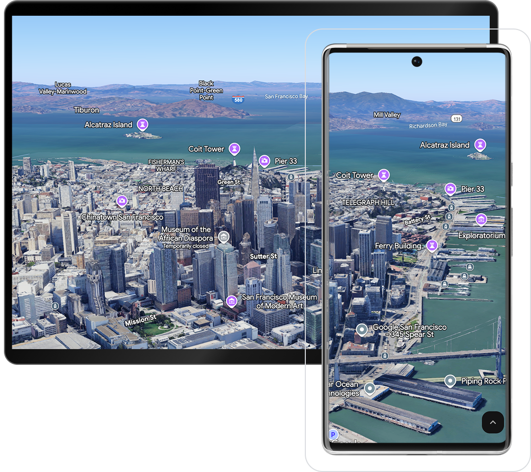 3D photorealistic rendering of the San Francisco bay with points of interest highlighted.