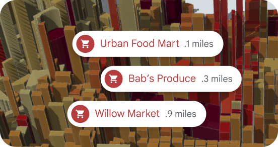 Store names and distances over a 3D map.